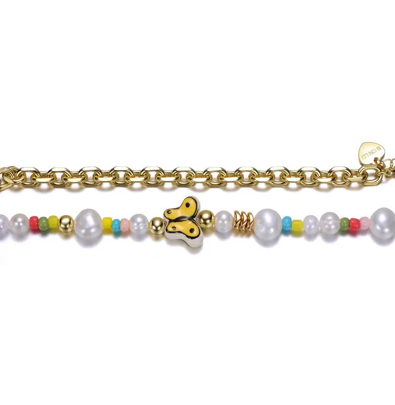 Kids 14k Gold Plated Multi Color Beads with Freshwater Pearls and a Butterfly Charm Necklace