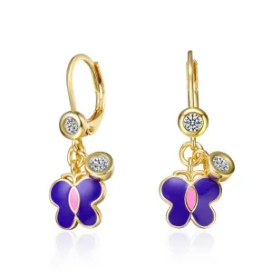 Kids 14k Gold Plated Purple Enamel Dangling Butterfly earrings
