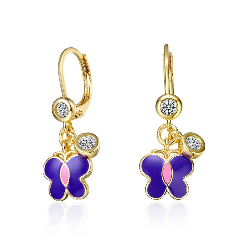 Kids 14k Gold Plated Purple Enamel Dangling Butterfly earrings