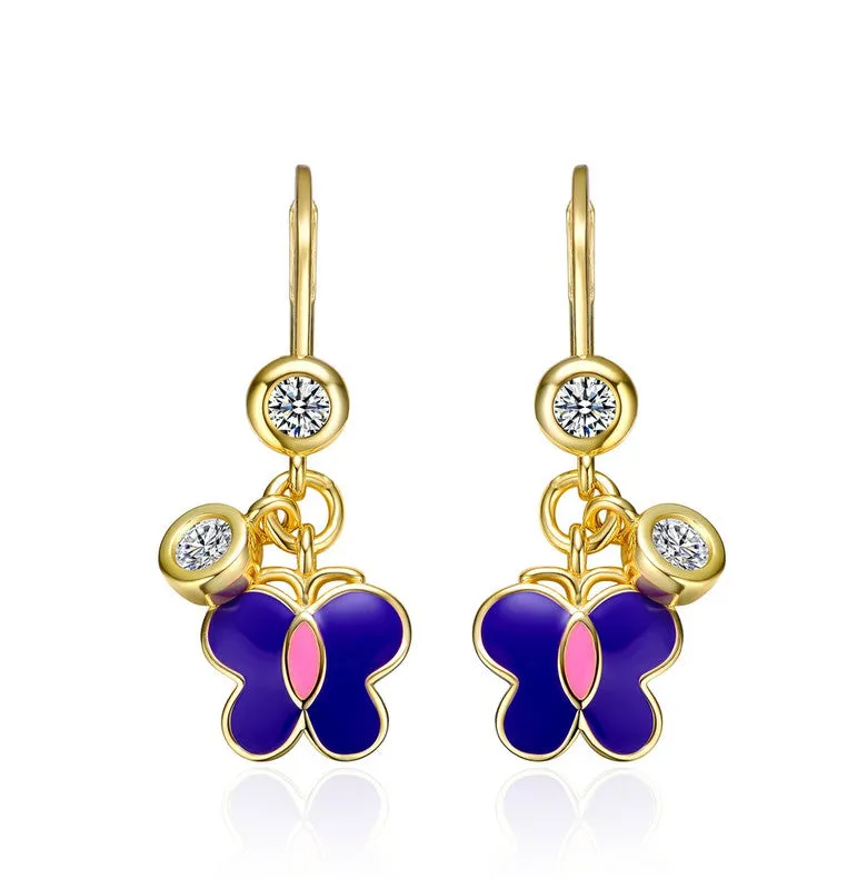 Kids 14k Gold Plated Purple Enamel Dangling Butterfly earrings