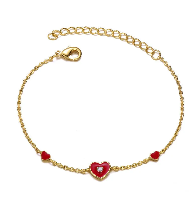 Kids 14k Gold Plated Red Heart charms Bracelet