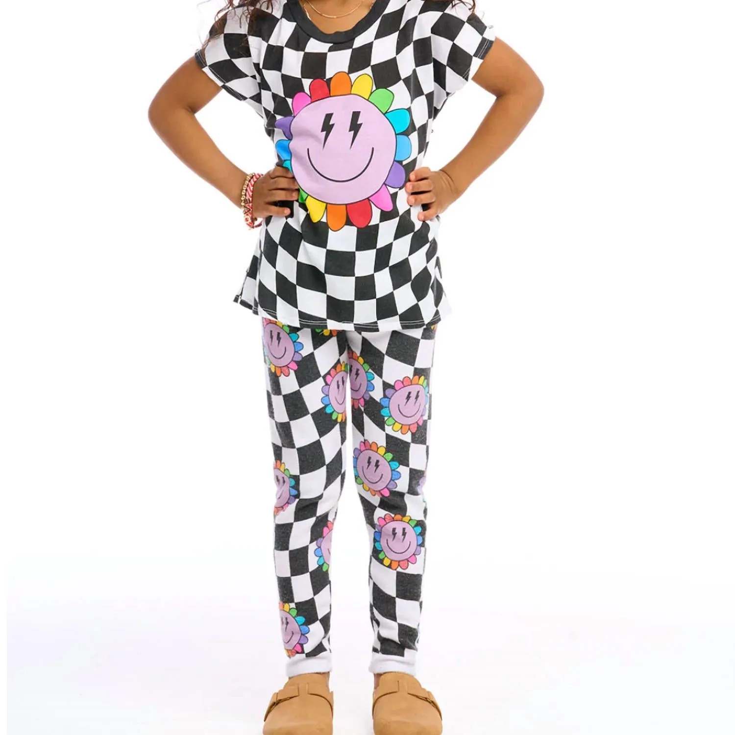 Kids Checkered Rainbow Daisy Pants In Black/white