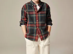 Kids Long-Sleeve Stretch Poplin Button-Down Shirt In Black Red Tartan
