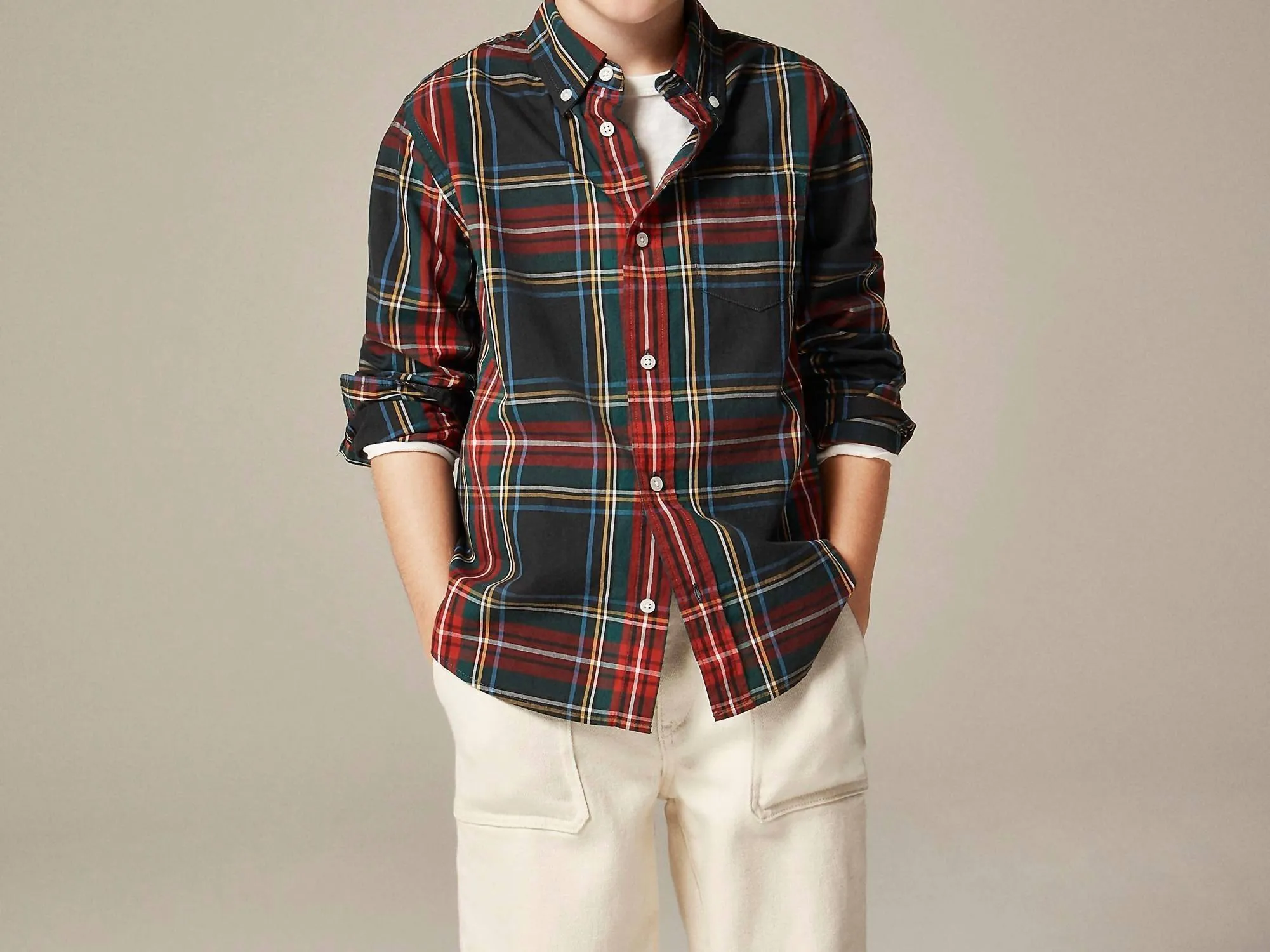 Kids Long-Sleeve Stretch Poplin Button-Down Shirt In Black Red Tartan