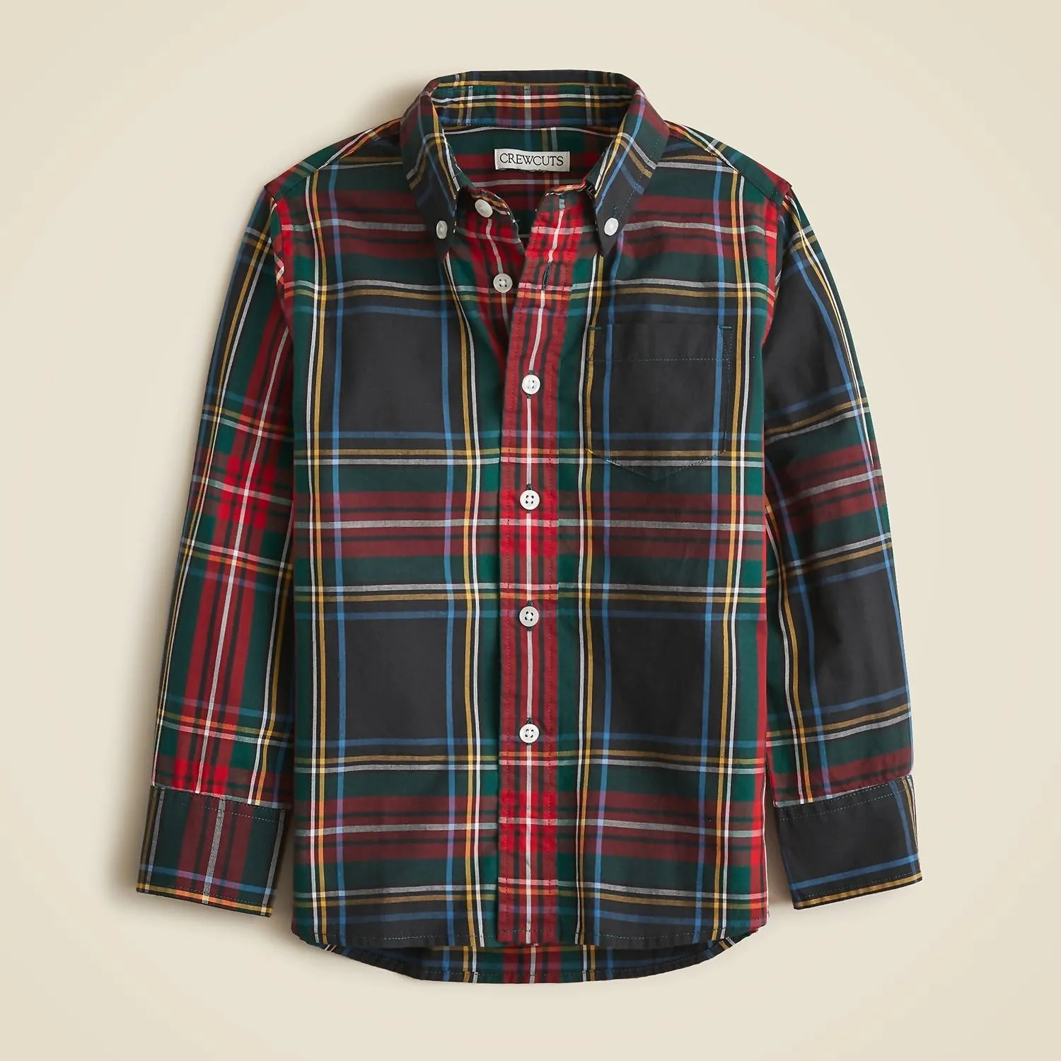 Kids Long-Sleeve Stretch Poplin Button-Down Shirt In Black Red Tartan