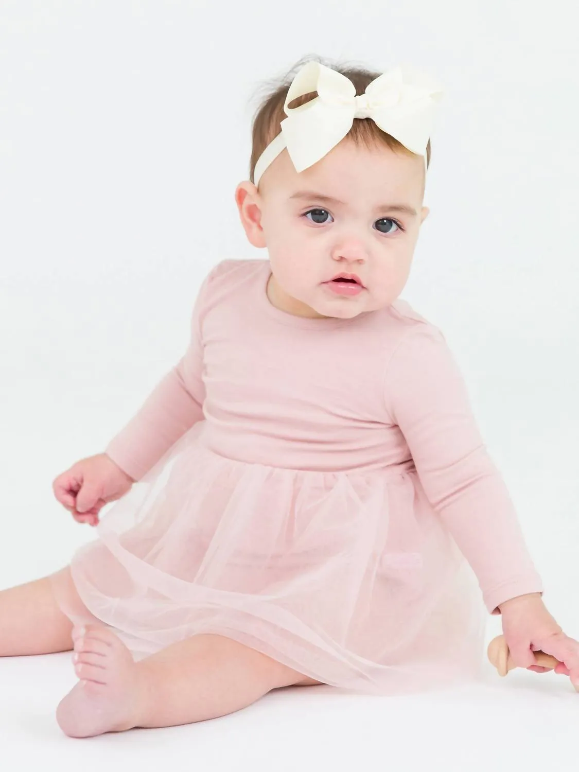 Kid's Long Sleeve Tulle Skirted Romper In Pale Mauve