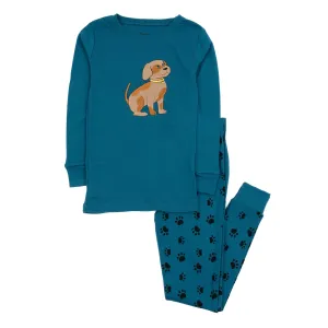 Kids Two Piece Cotton Pajamas Dog Paw Blue