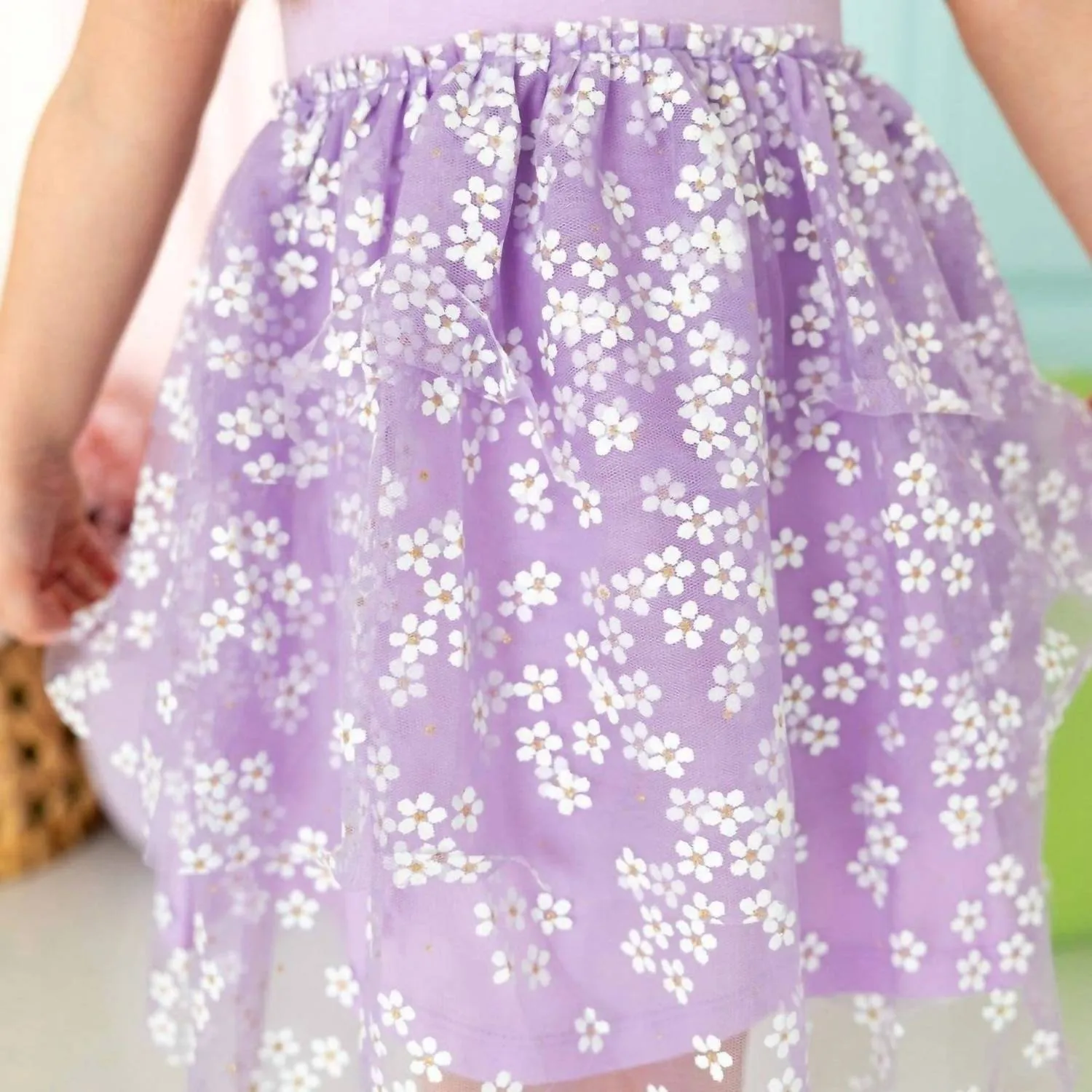 Lavender Ditsy Daisy Easter Tiered Short Sleeve Tutu Dress