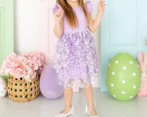 Lavender Ditsy Daisy Easter Tiered Short Sleeve Tutu Dress