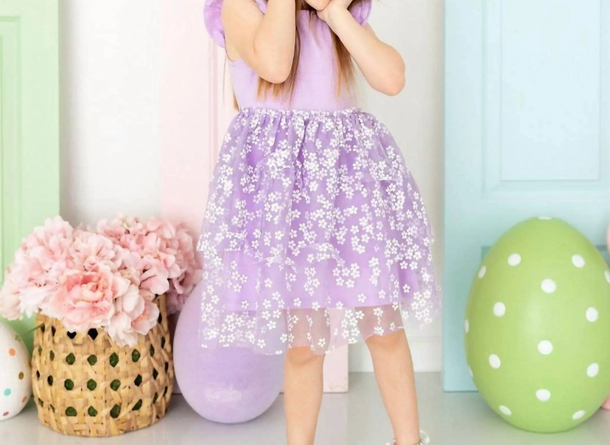 Lavender Ditsy Daisy Easter Tiered Short Sleeve Tutu Dress
