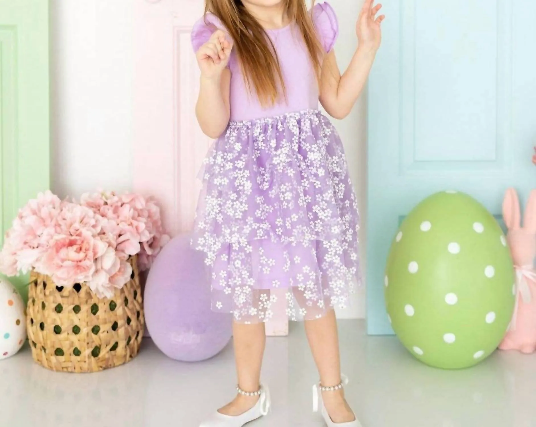 Lavender Ditsy Daisy Easter Tiered Short Sleeve Tutu Dress