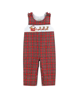 Lil Cactus Christmas Plaid Santa Sleigh Smocked Overall