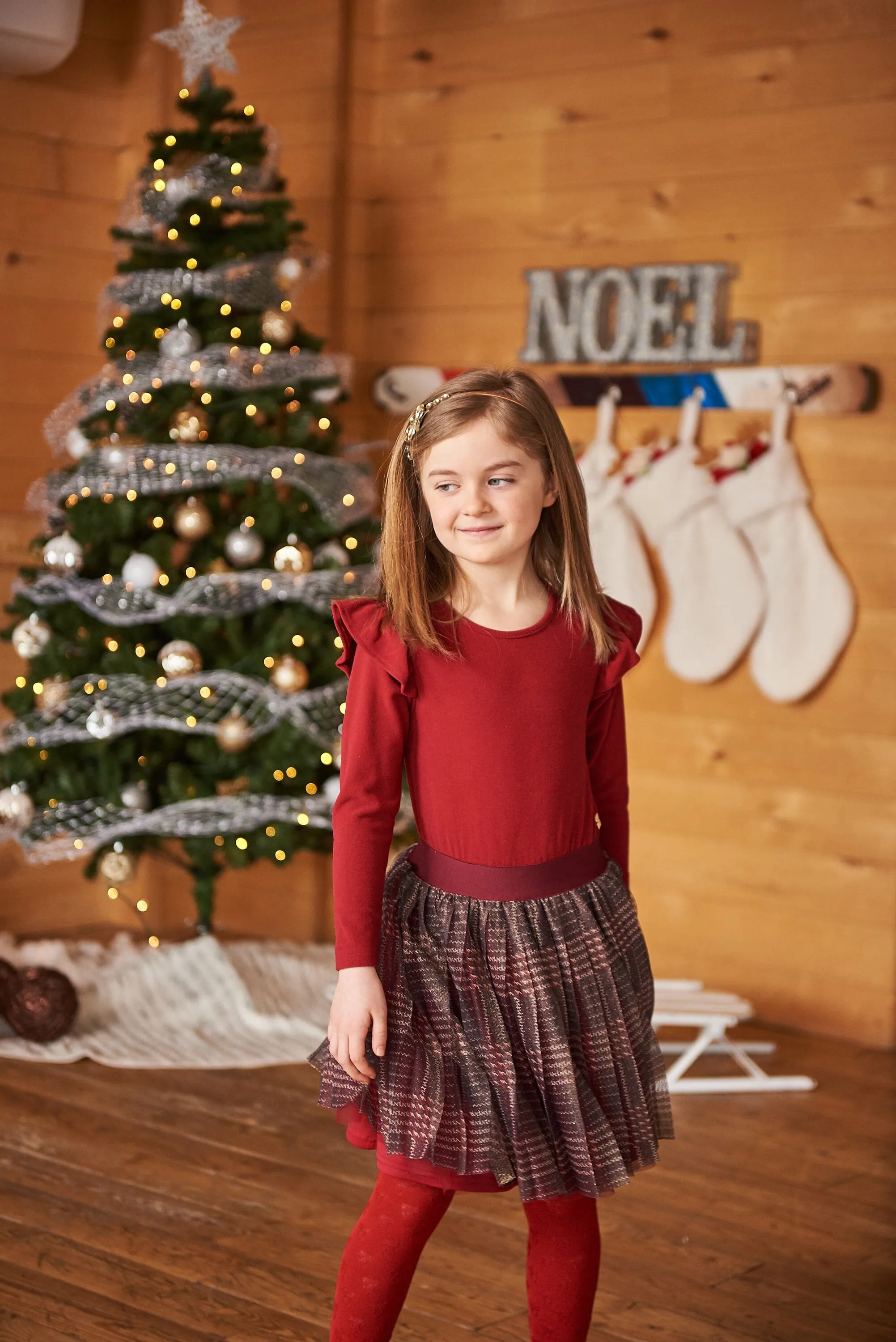 Long Sleeve Dress With Glittering Tulle Skirt Red Plaid