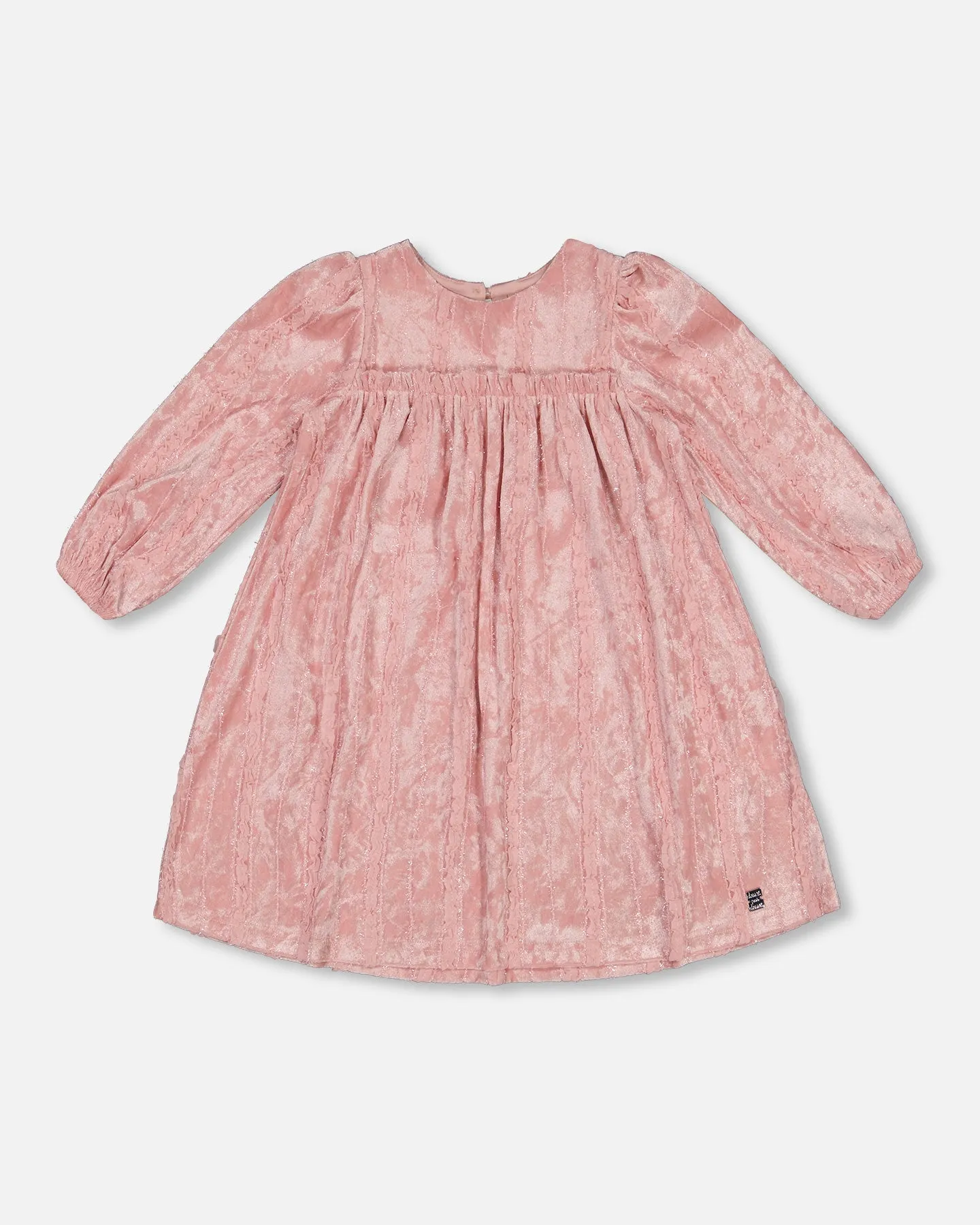 Long Sleeve Velvet Dress With Frills Light Pink