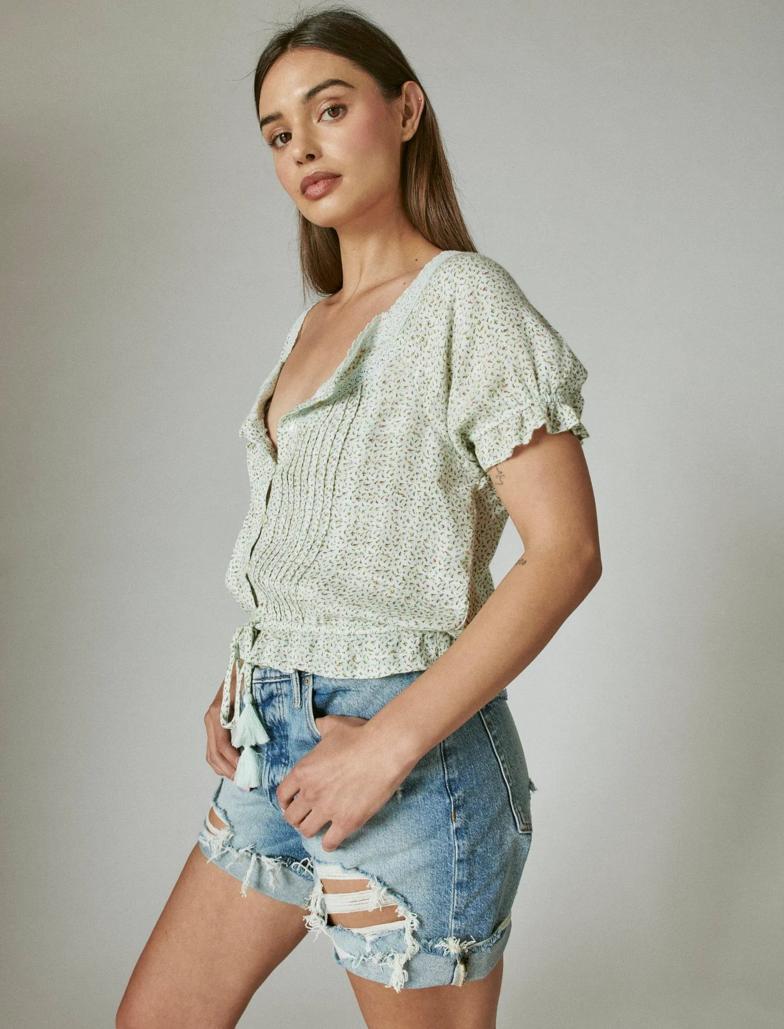 Lucky Brand Women's Short Sleeve Peasant Top