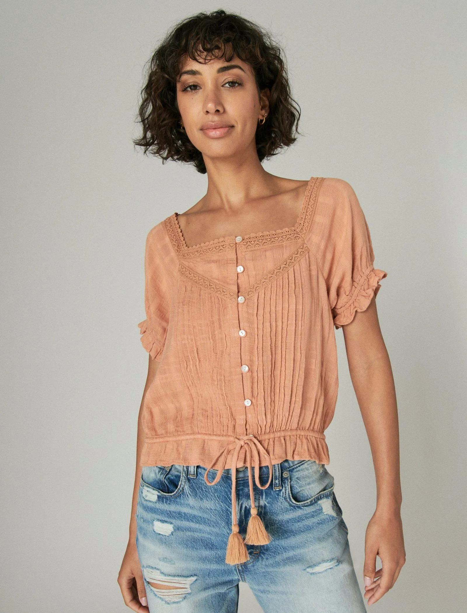 Lucky Brand Women's Short Sleeve Peasant Top