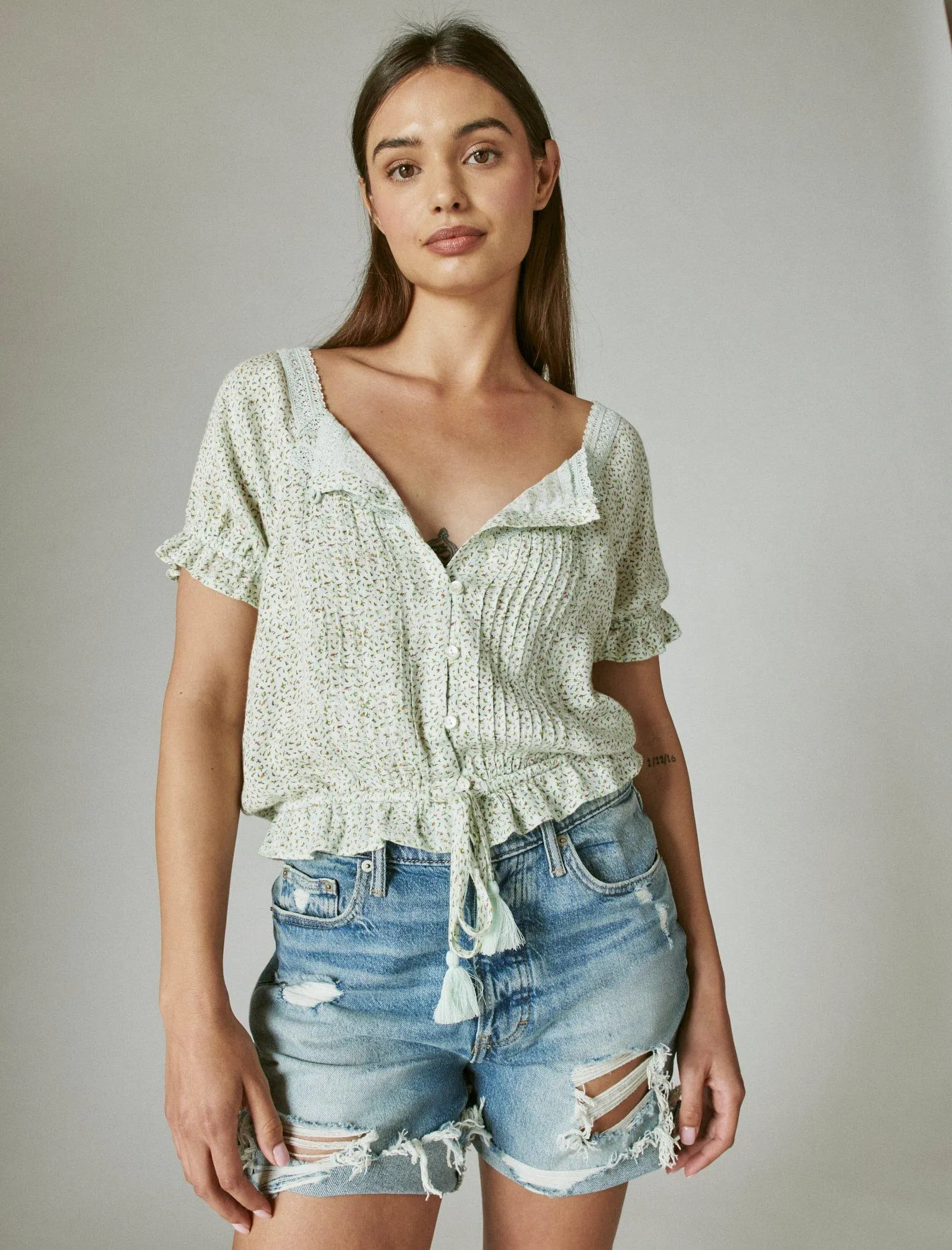 Lucky Brand Women's Short Sleeve Peasant Top