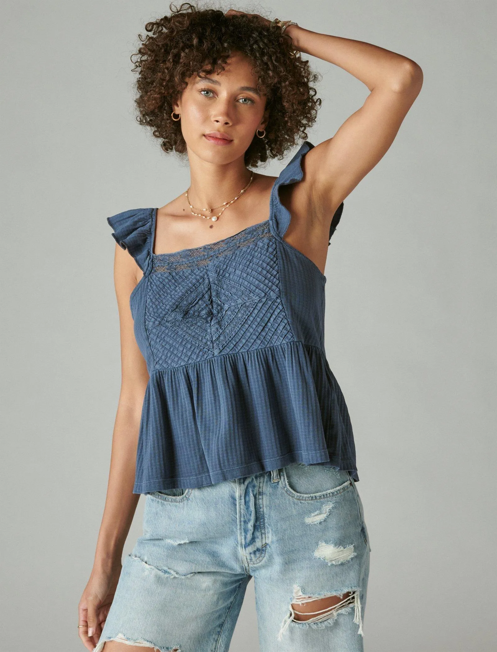 Lucky Brand Women's Textured Yoke Peplum Tank