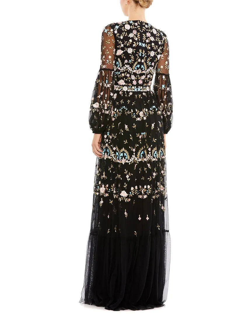 Mac Duggal Embroidered High Neck Illusion Sleeve Tiered Gown
