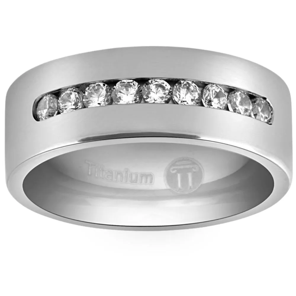 Men's Brushed Titanium 8mm Ring Moissanite Wedding Band