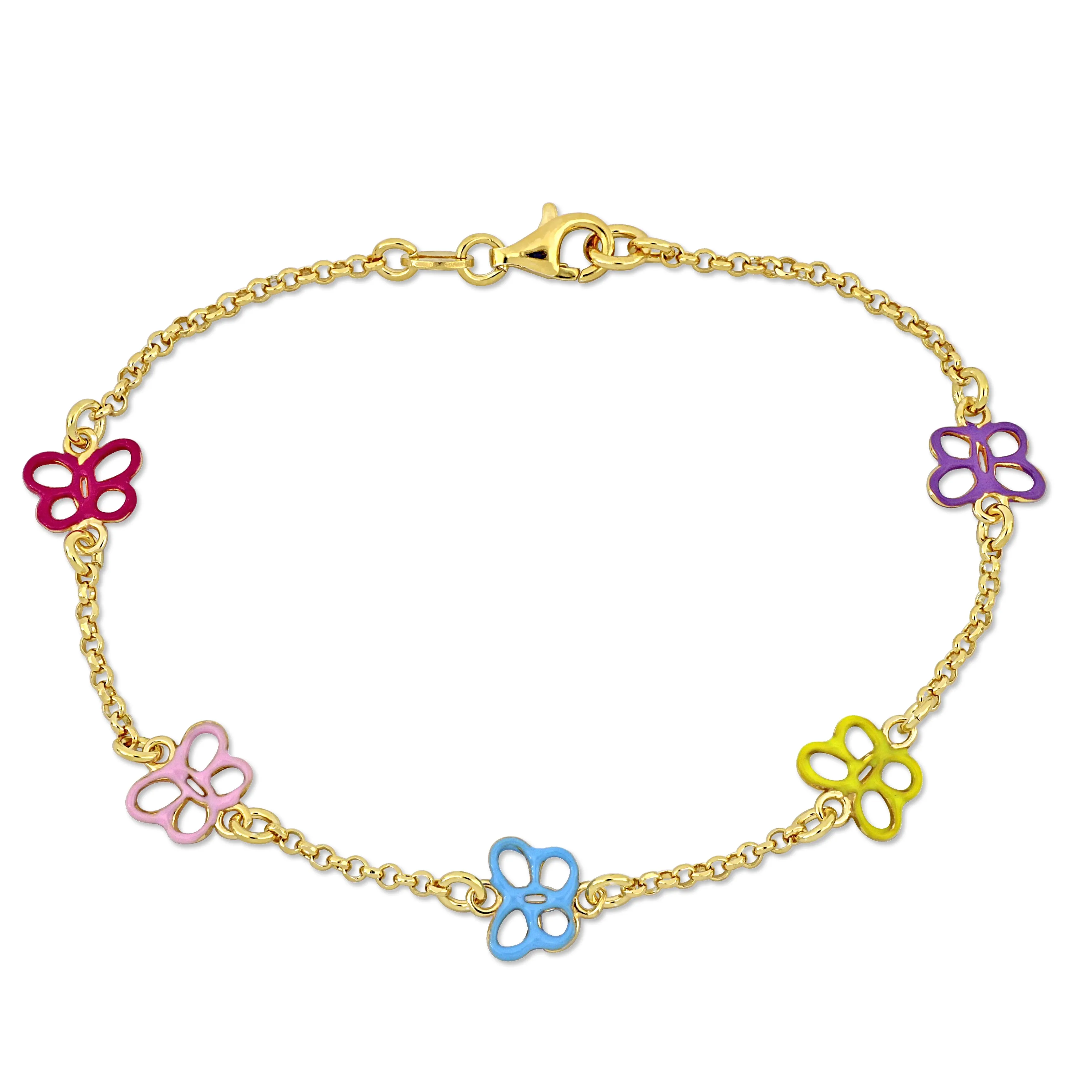 Mimi & Max Children's Multi-color Enamel Butterfly Charm Link Chain Bracelet in Yellow Plated Sterling Silver - 7.5 in.