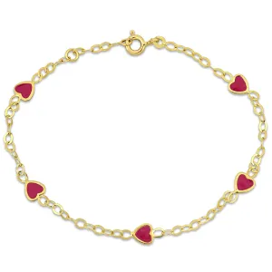 Mimi & Max Children's Pink Enamel Heart Charm Link Chain Station Bracelet in 14k Yellow Gold - 7 in.