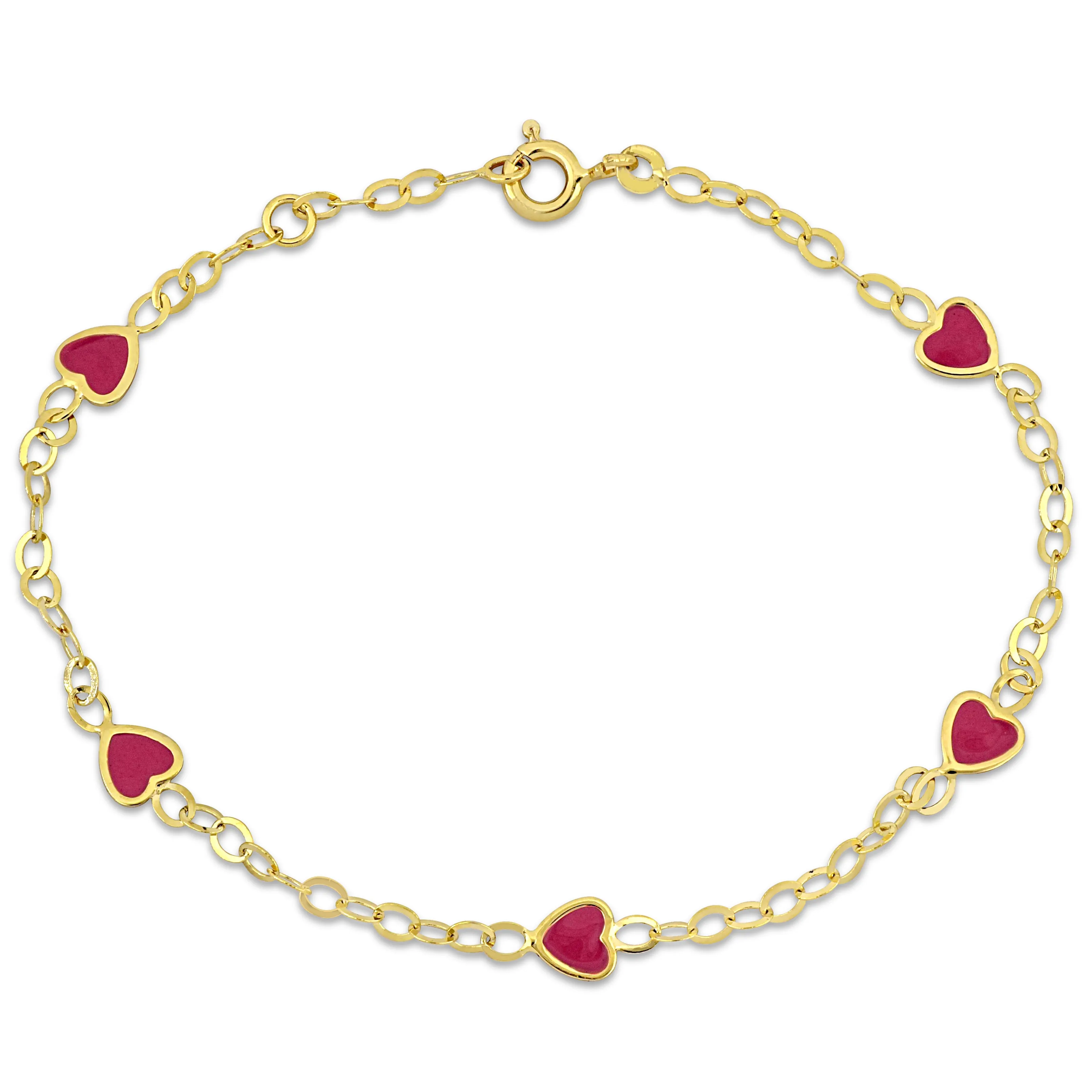 Mimi & Max Children's Pink Enamel Heart Charm Link Chain Station Bracelet in 14k Yellow Gold - 7 in.