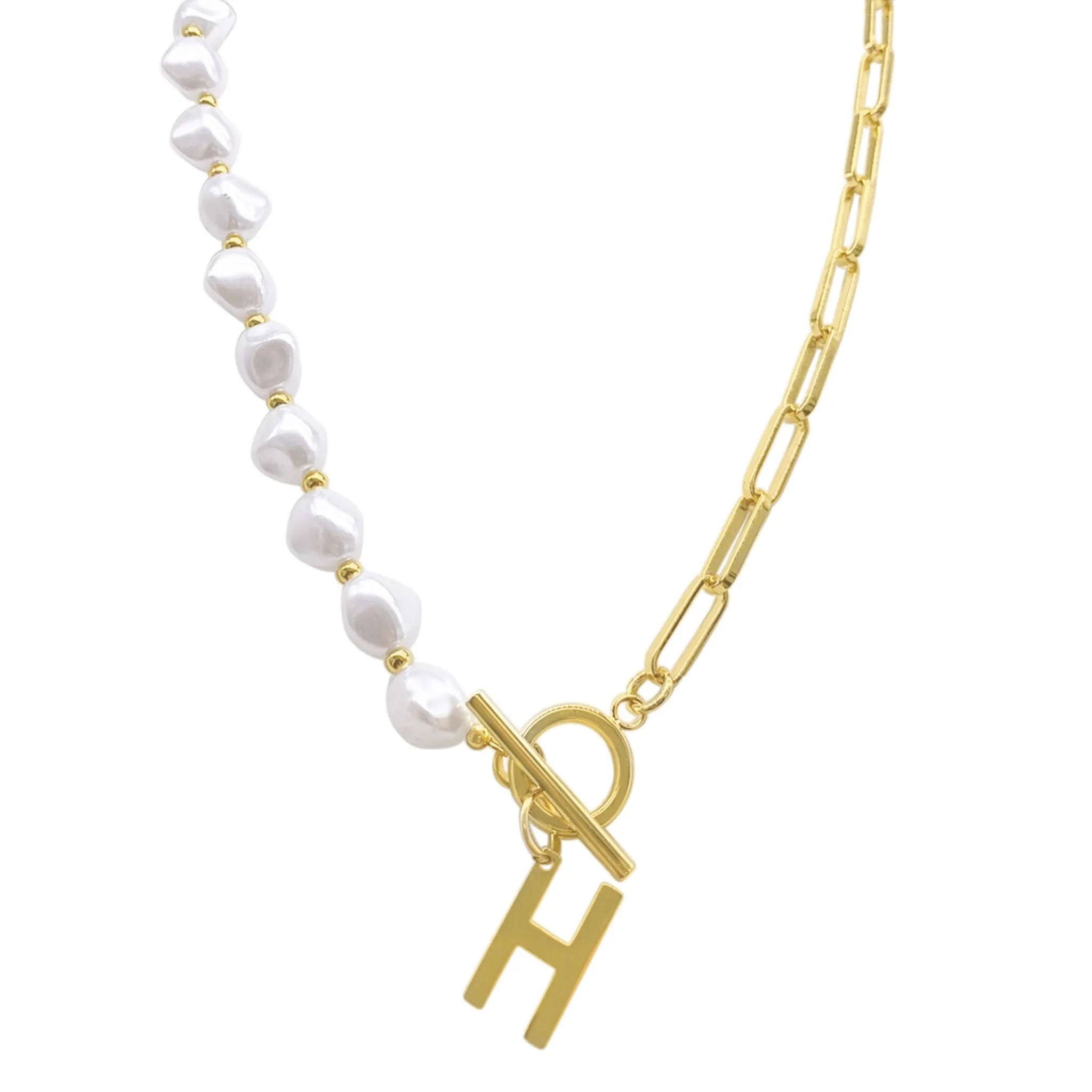 Pearl and Paperclip Chain Initial A Toggle Necklace gold