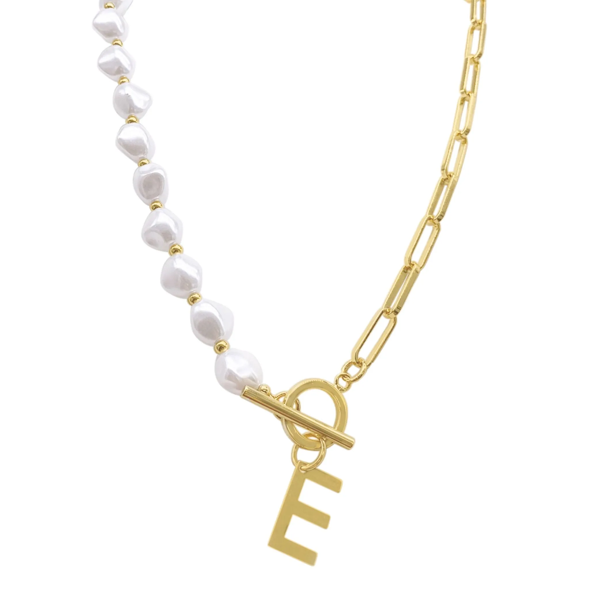 Pearl and Paperclip Chain Initial A Toggle Necklace gold