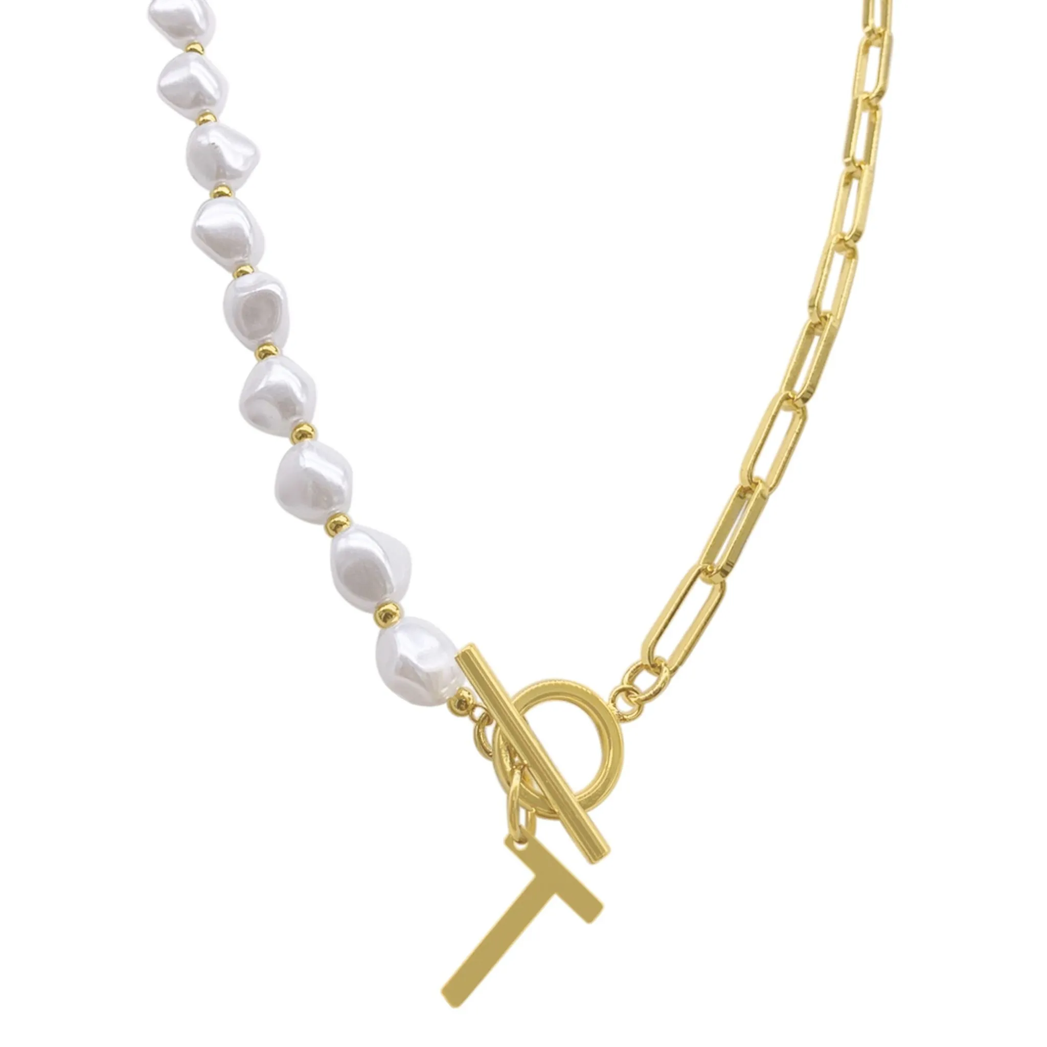 Pearl and Paperclip Chain Initial A Toggle Necklace gold