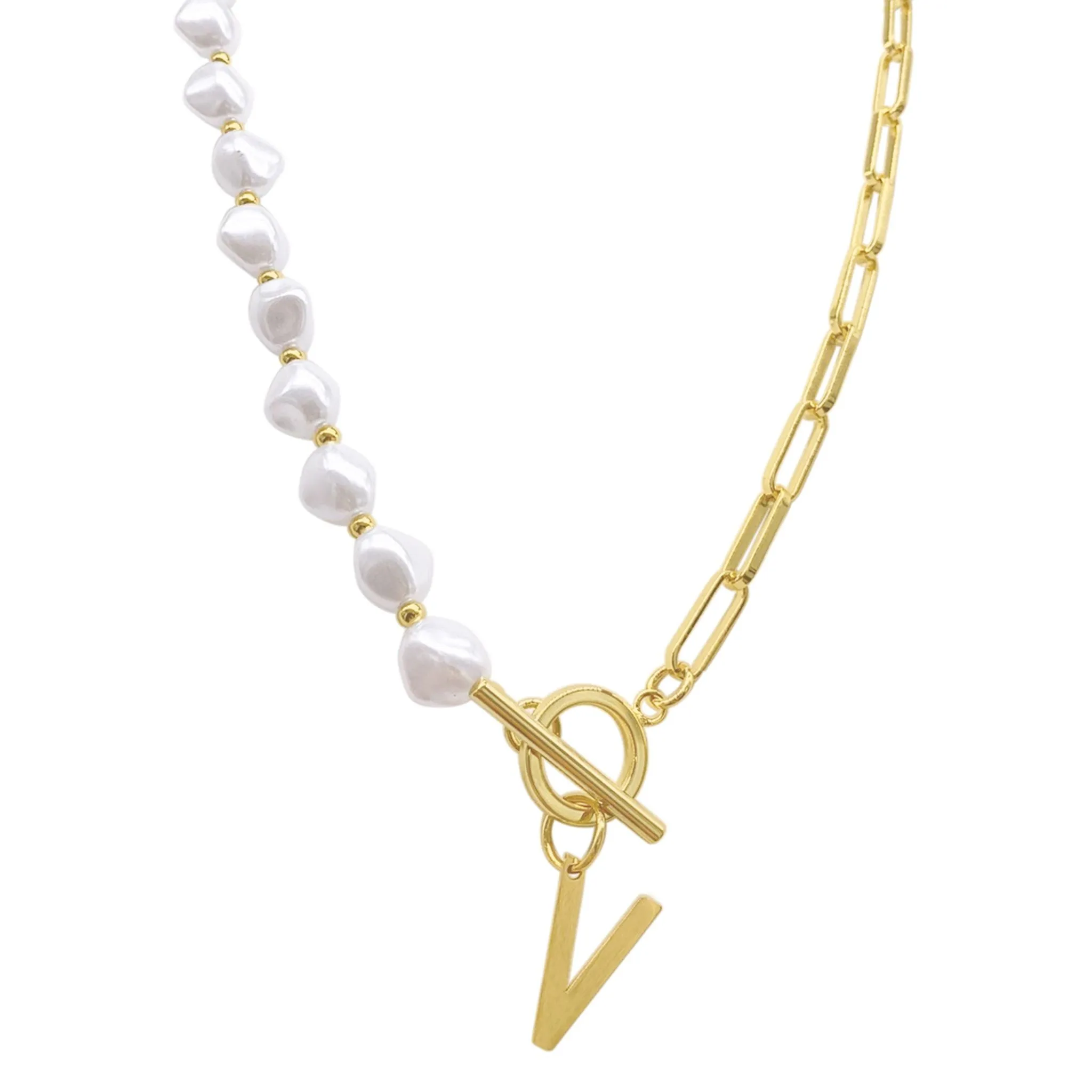 Pearl and Paperclip Chain Initial A Toggle Necklace gold