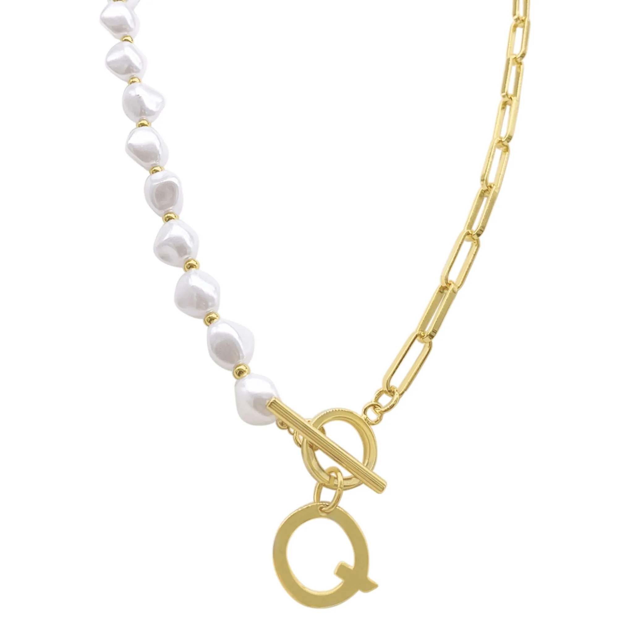Pearl and Paperclip Chain Initial A Toggle Necklace gold
