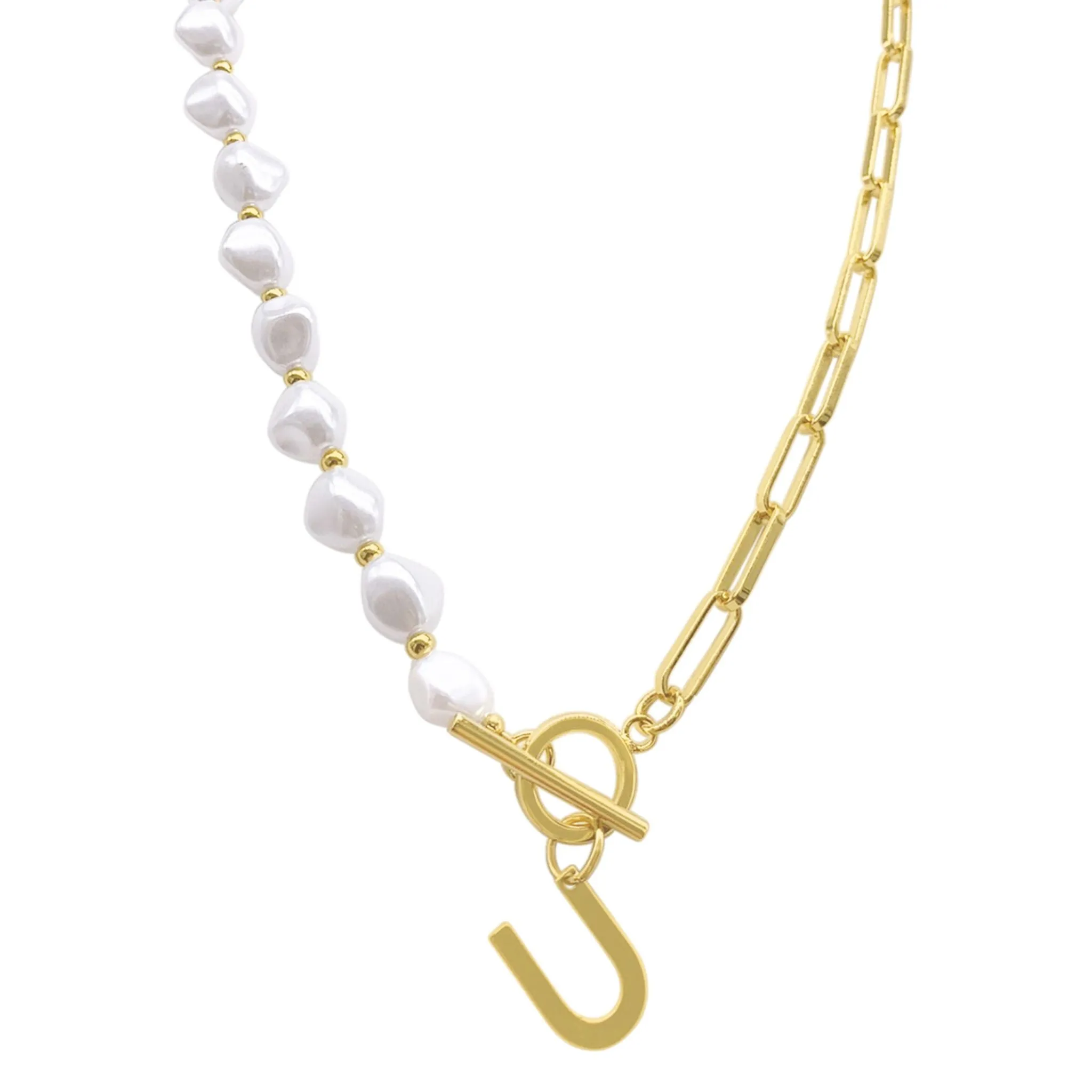 Pearl and Paperclip Chain Initial A Toggle Necklace gold