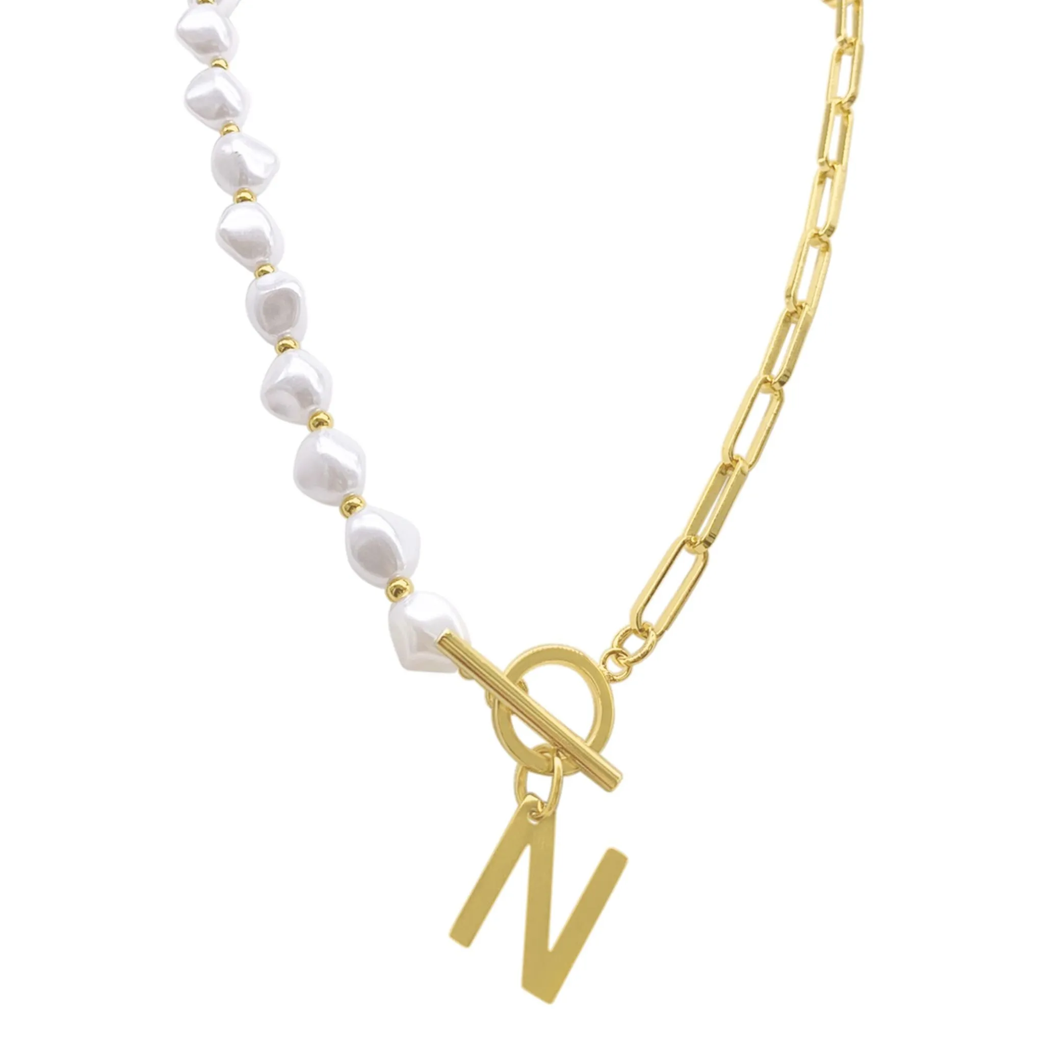 Pearl and Paperclip Chain Initial A Toggle Necklace gold