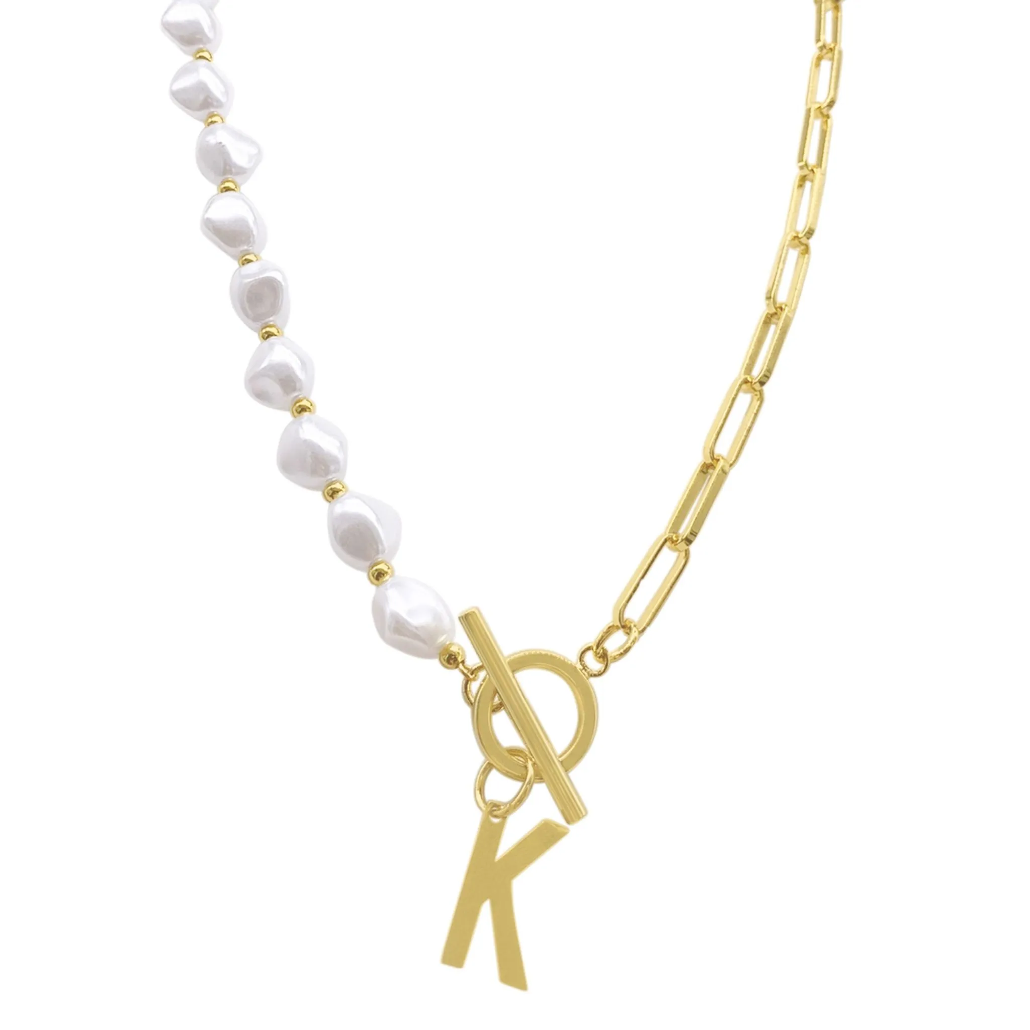 Pearl and Paperclip Chain Initial A Toggle Necklace gold