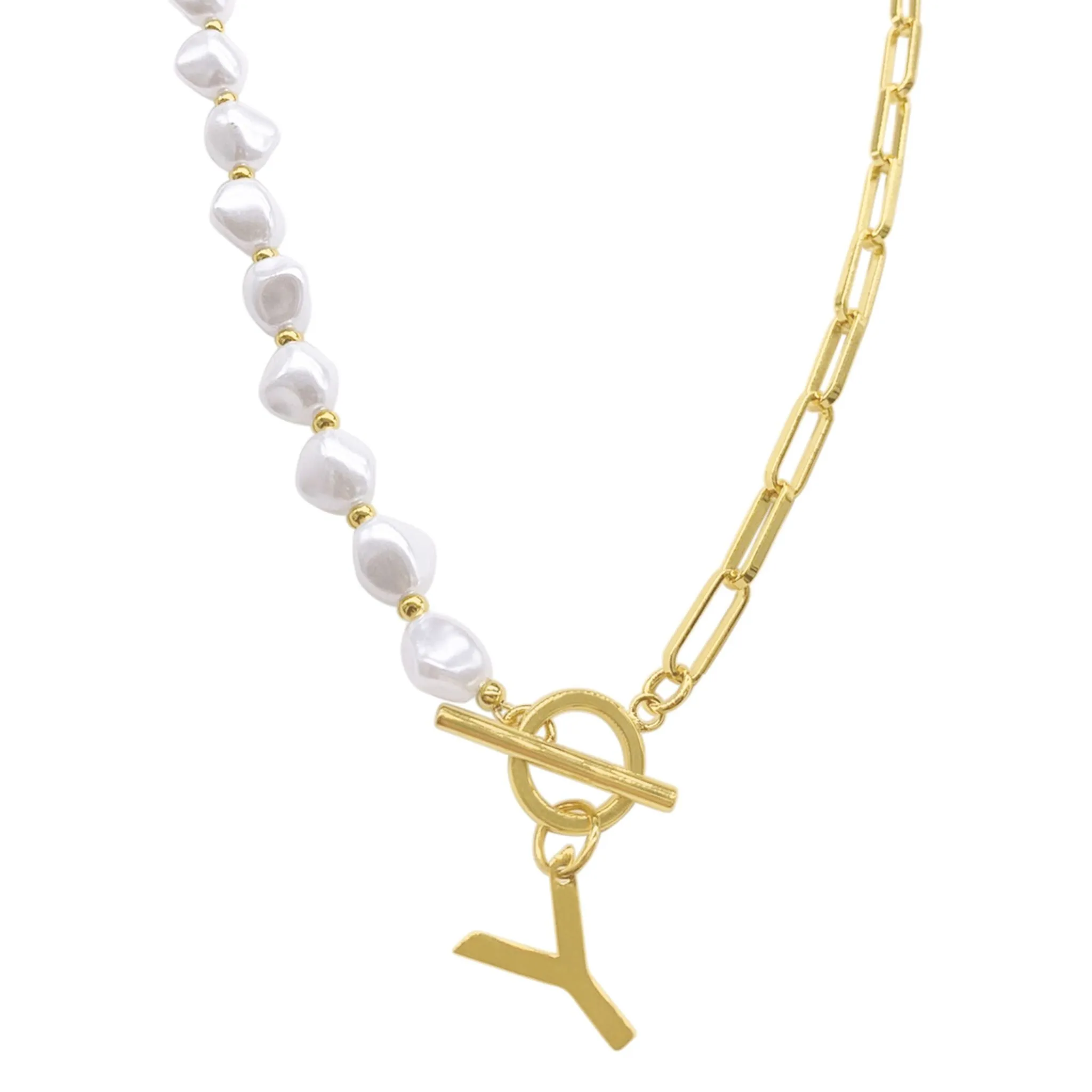 Pearl and Paperclip Chain Initial A Toggle Necklace gold