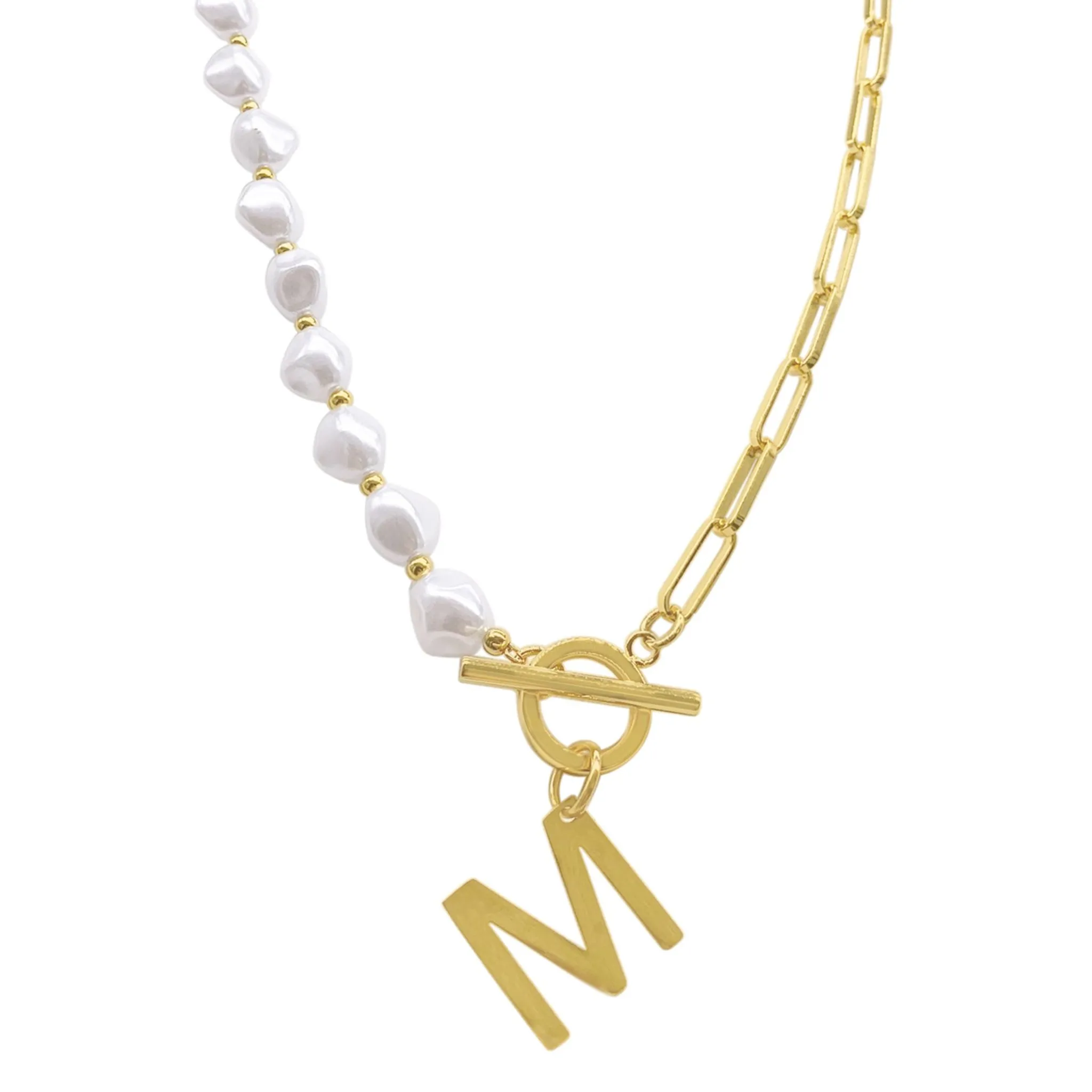 Pearl and Paperclip Chain Initial A Toggle Necklace gold