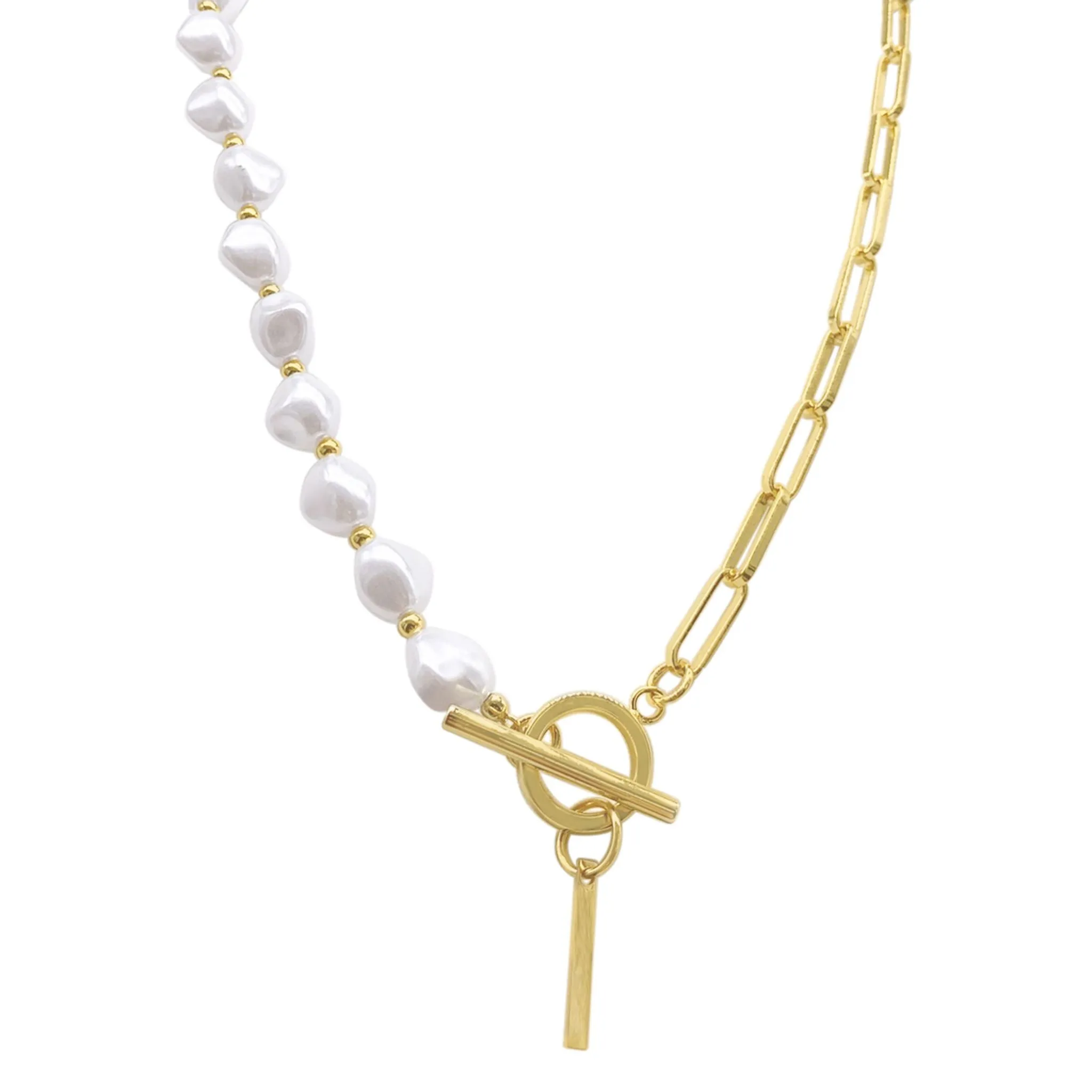 Pearl and Paperclip Chain Initial A Toggle Necklace gold