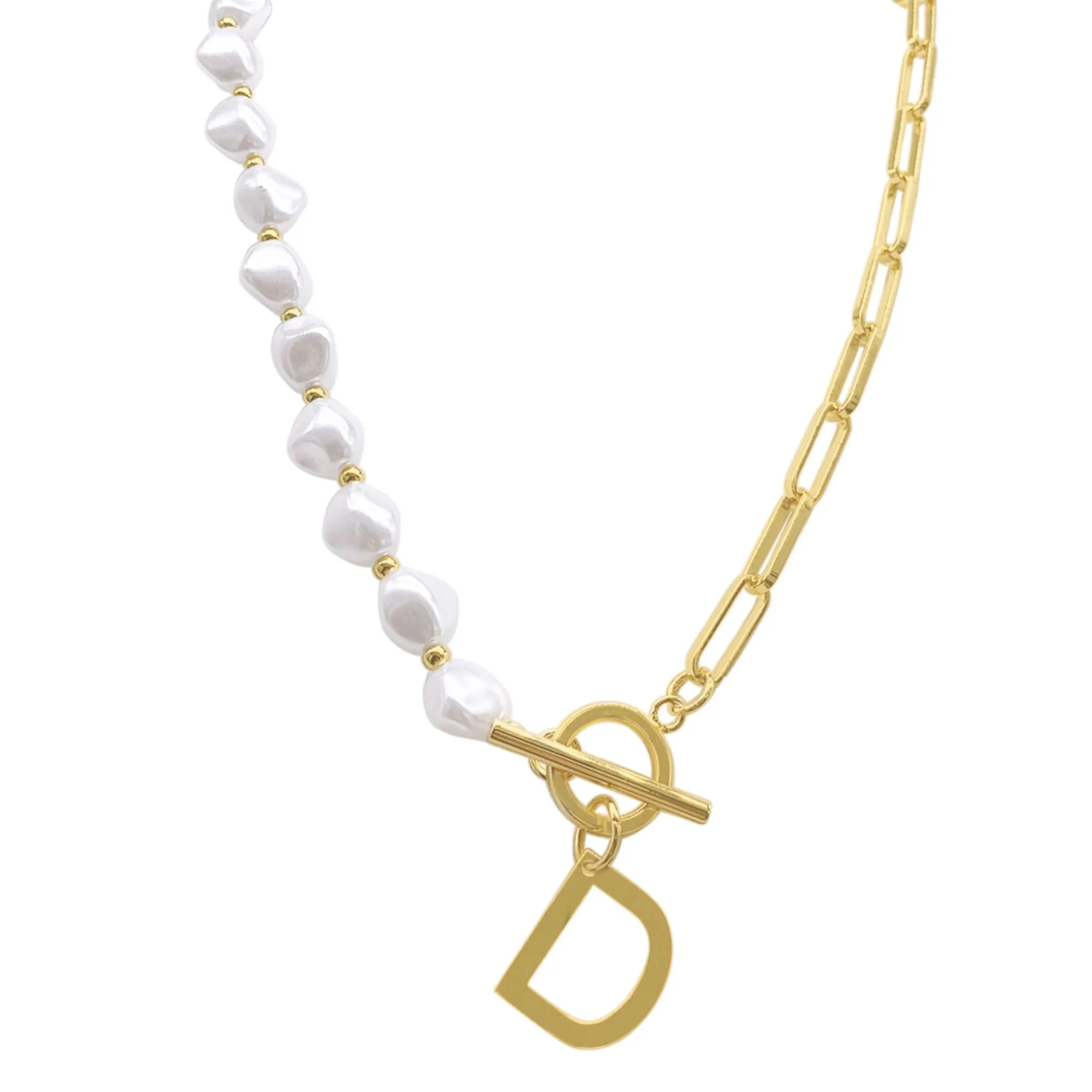 Pearl and Paperclip Chain Initial A Toggle Necklace gold