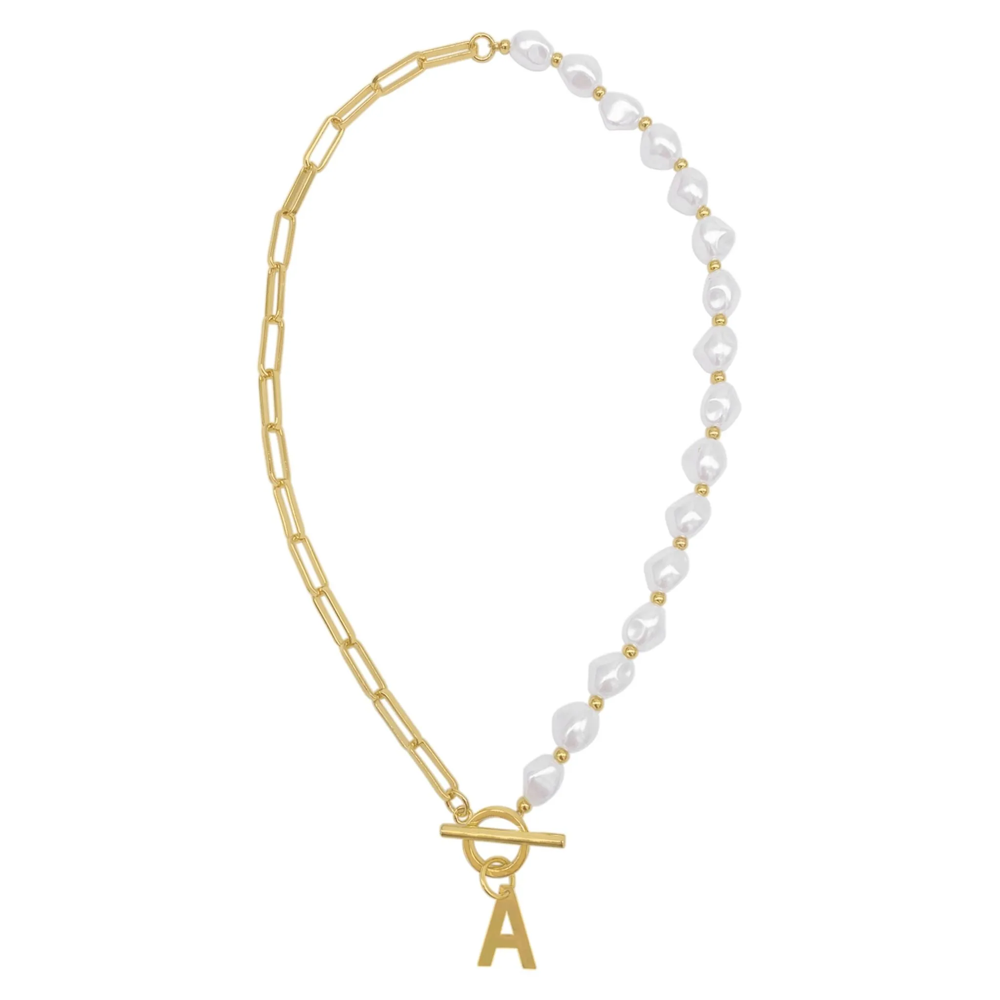 Pearl and Paperclip Chain Initial A Toggle Necklace gold