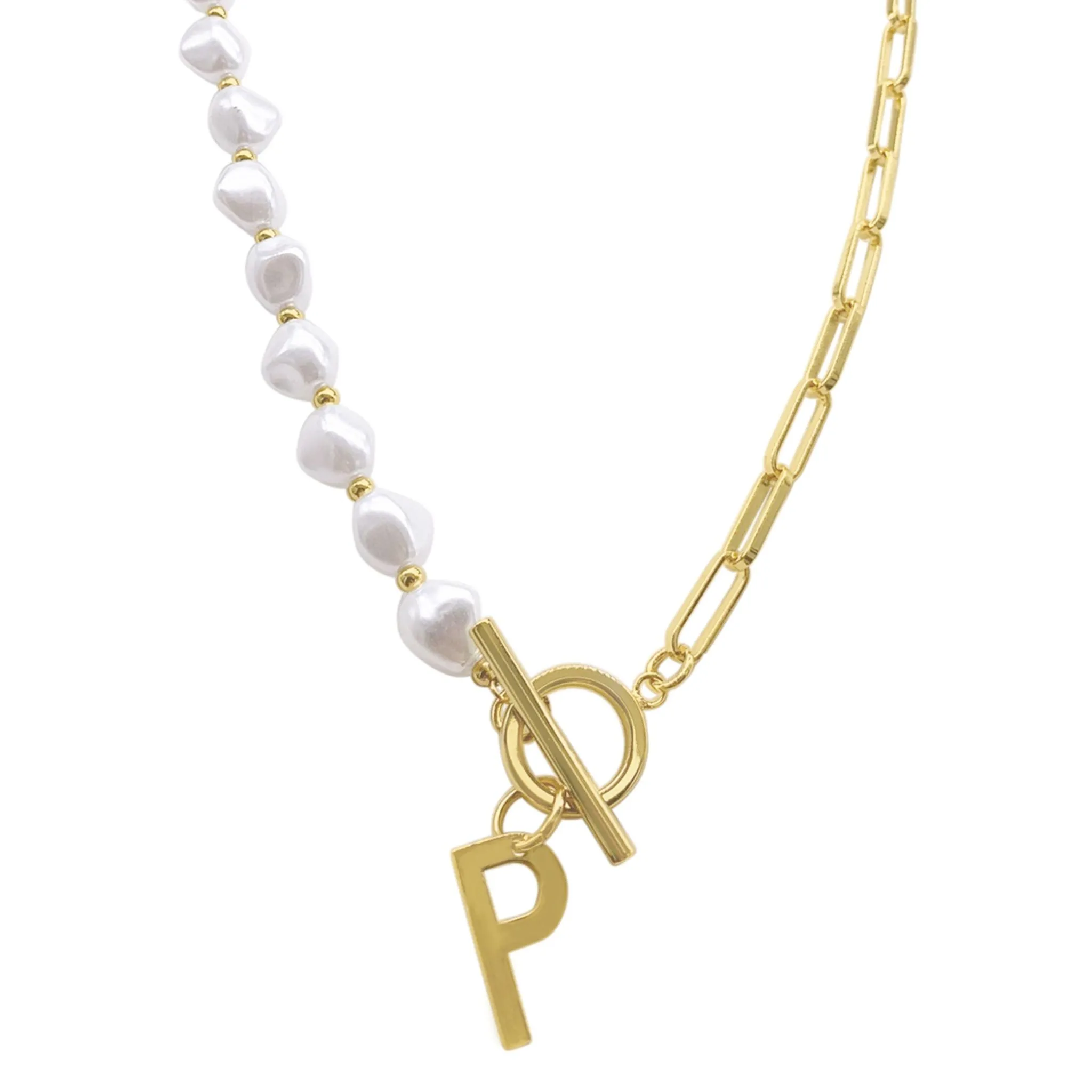 Pearl and Paperclip Chain Initial A Toggle Necklace gold