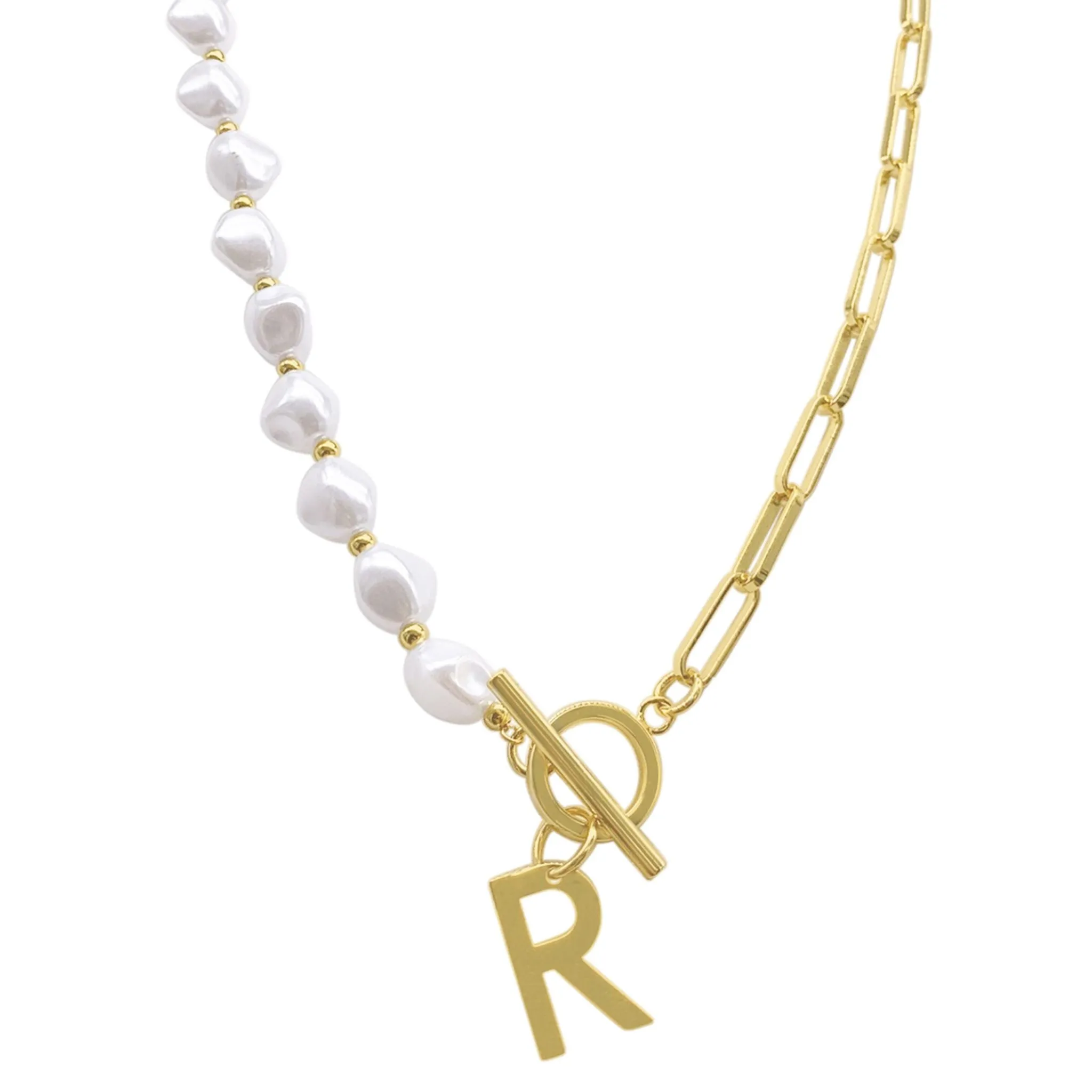 Pearl and Paperclip Chain Initial A Toggle Necklace gold