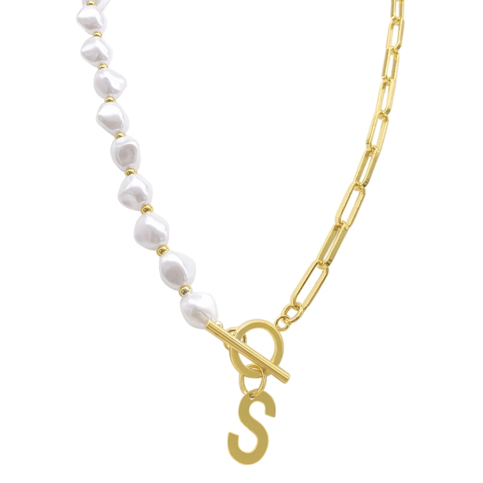 Pearl and Paperclip Chain Initial A Toggle Necklace gold