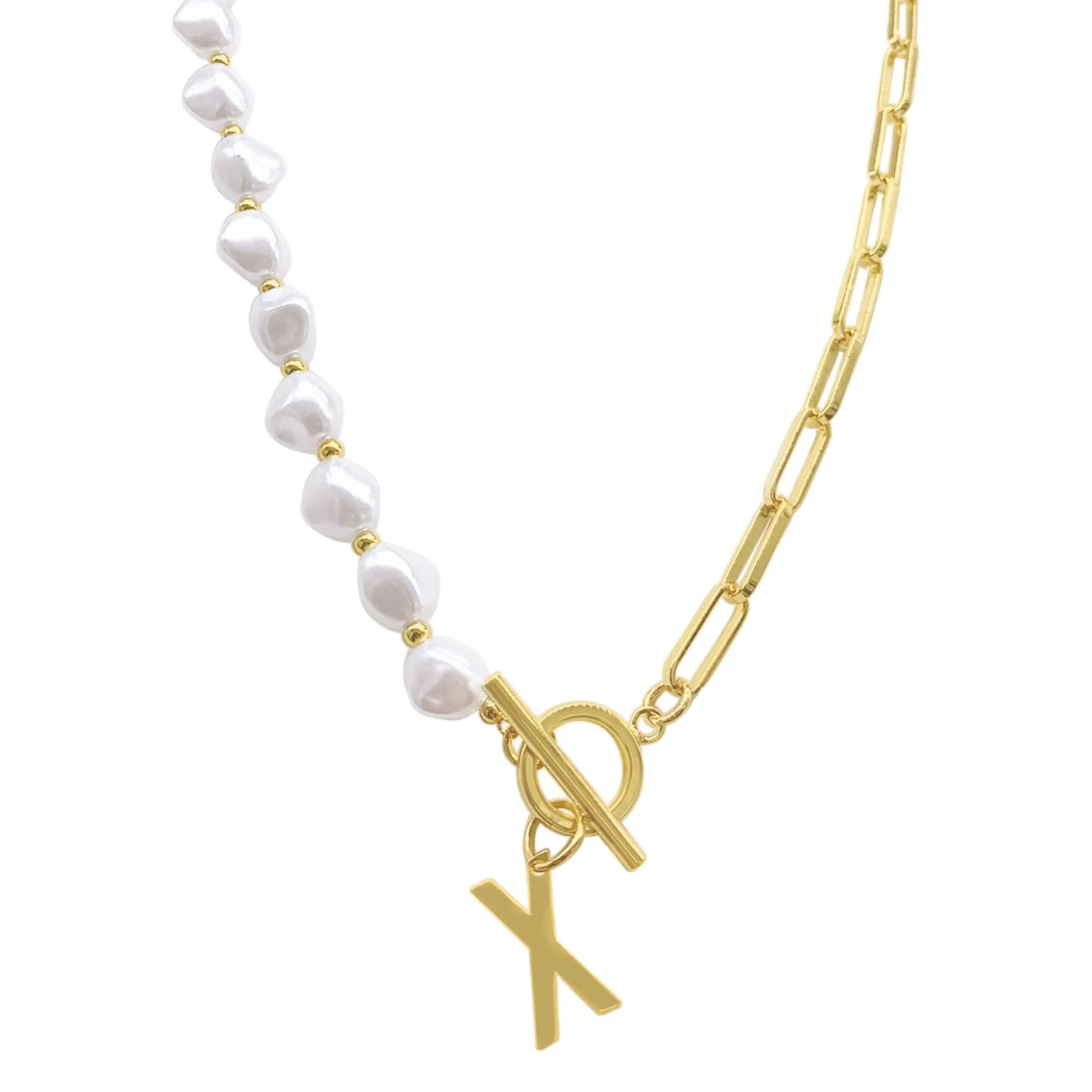 Pearl and Paperclip Chain Initial A Toggle Necklace gold
