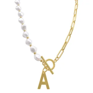 Pearl and Paperclip Chain Initial A Toggle Necklace gold