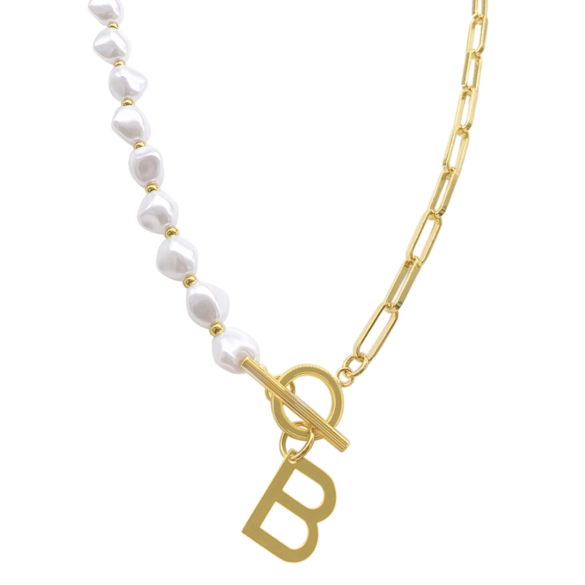 Pearl and Paperclip Chain Initial A Toggle Necklace gold
