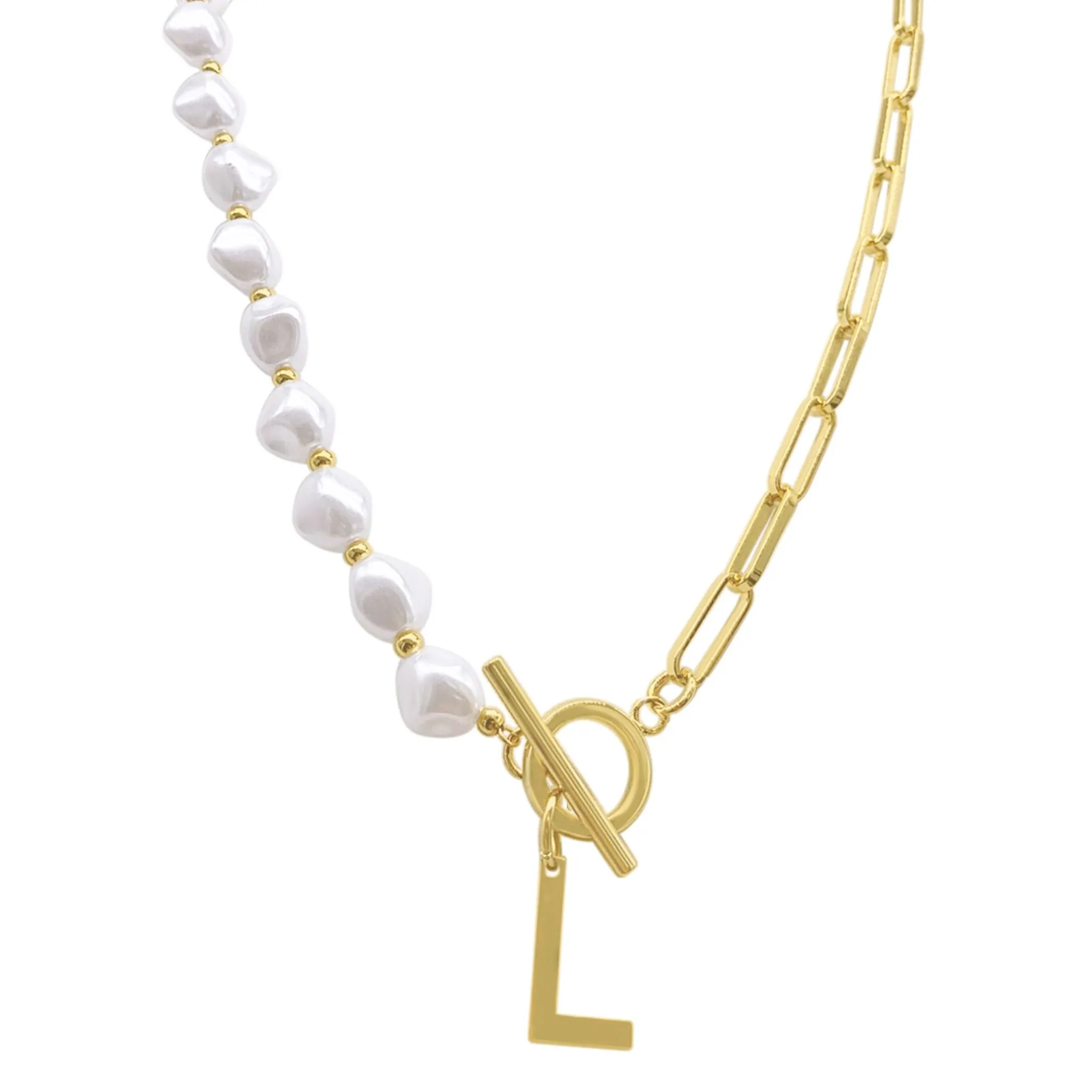 Pearl and Paperclip Chain Initial A Toggle Necklace gold