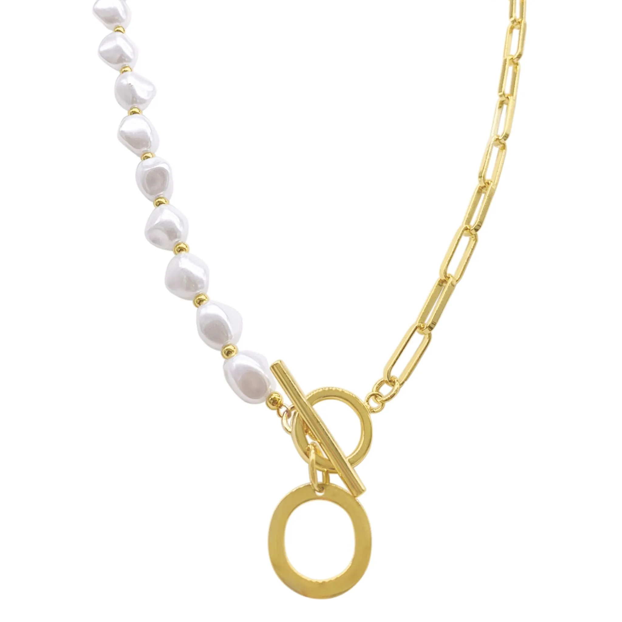 Pearl and Paperclip Chain Initial A Toggle Necklace gold