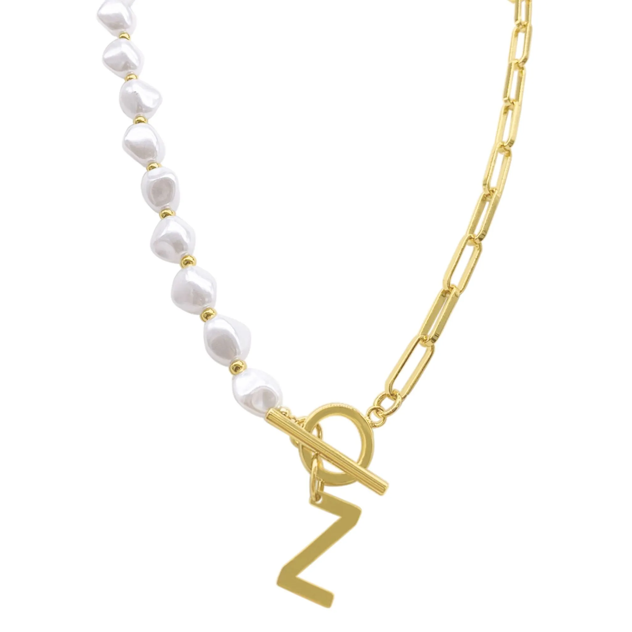 Pearl and Paperclip Chain Initial A Toggle Necklace gold