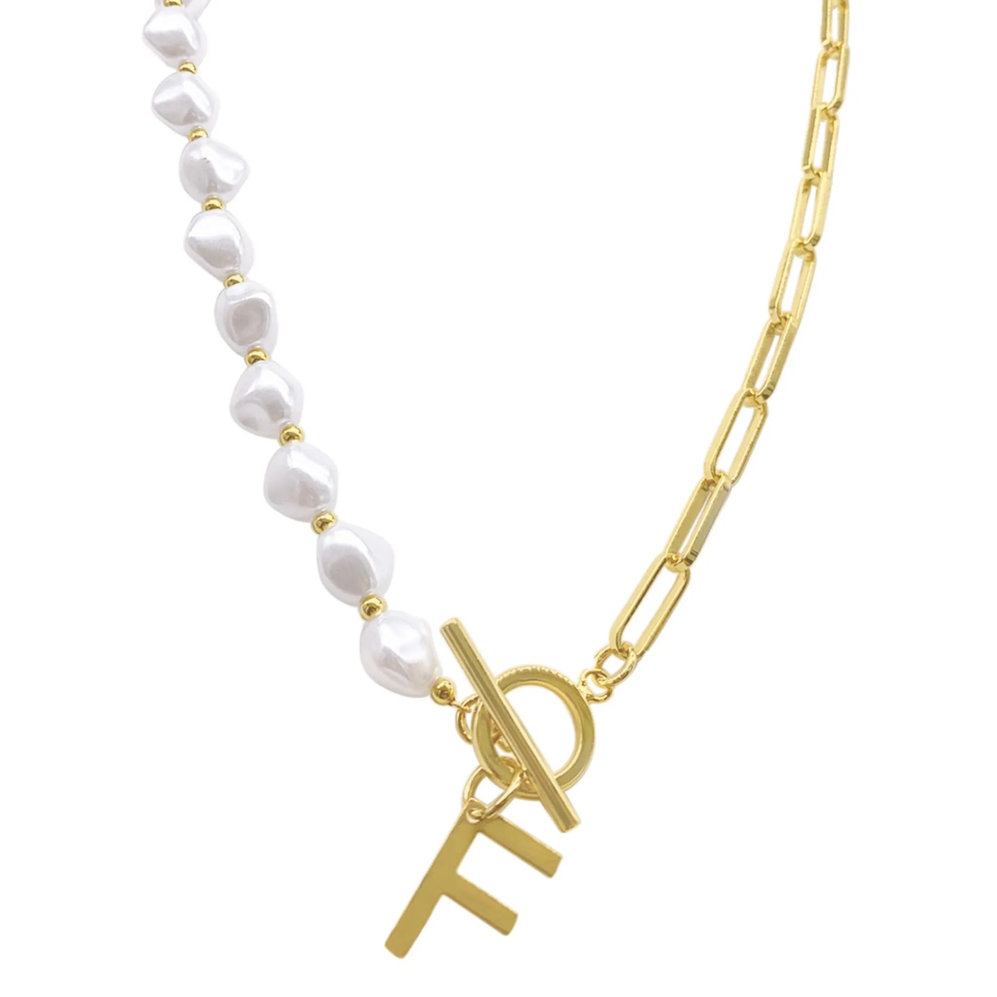Pearl and Paperclip Chain Initial A Toggle Necklace gold